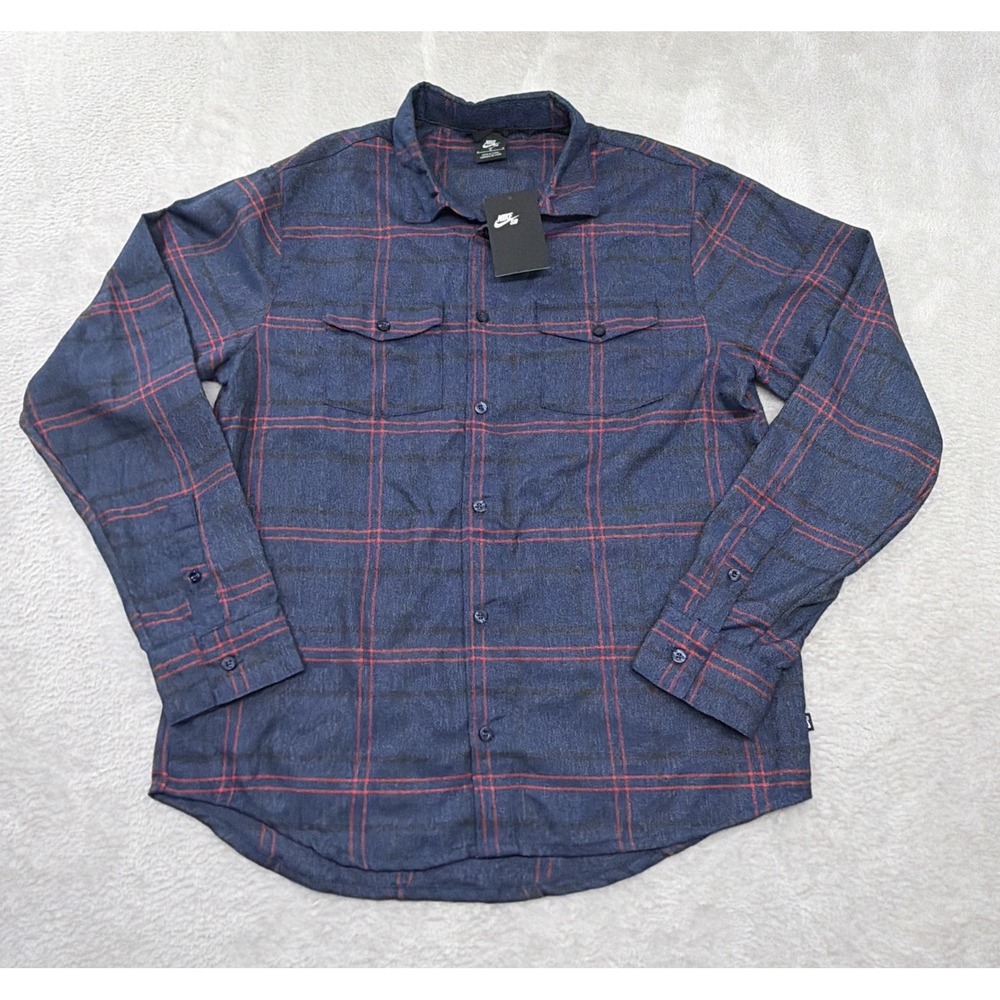 Nike SB Shirt Men's Medium Navy Blue Red Flannel Plaid Button Up Casual NWT